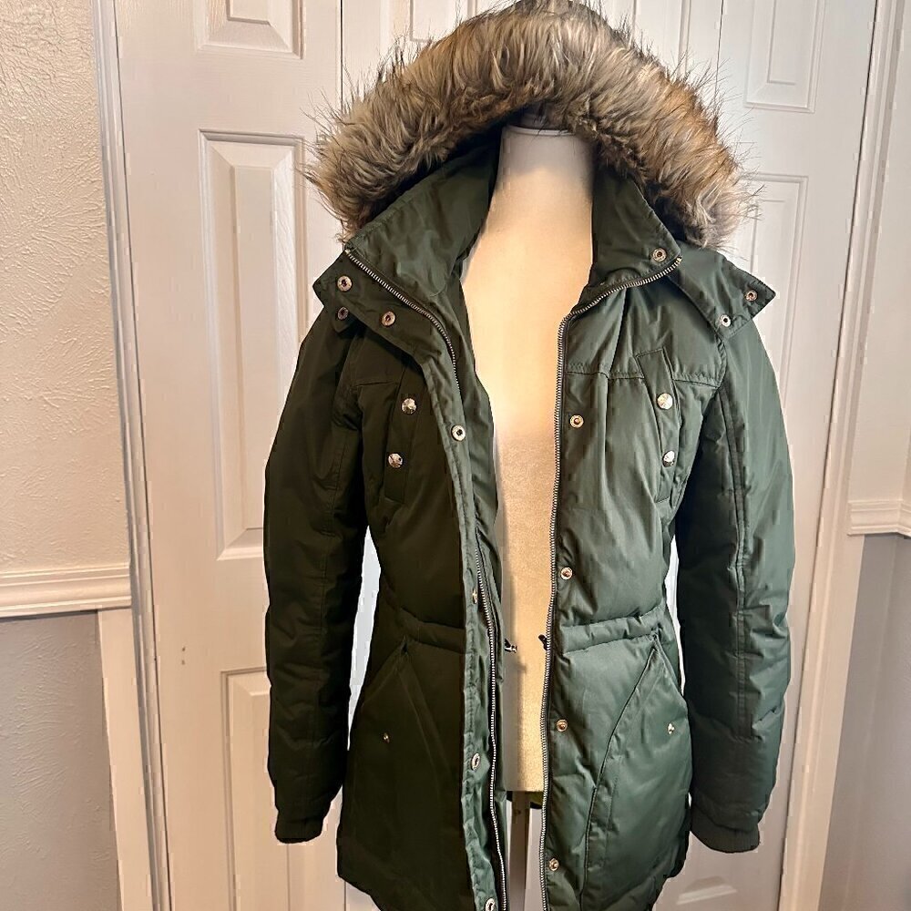 Sam Edelman Women’s Down Parka – Olive Green Faux Fur Hood – Size Large